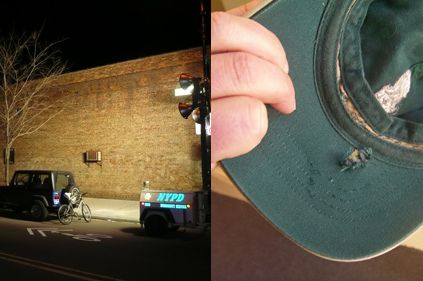 Left, NYPD lights outside The Production Lounge Saturday night; right, a bullet hole in the brim of a hat that was in a neighbor's closet during a recent shooting outside the club.